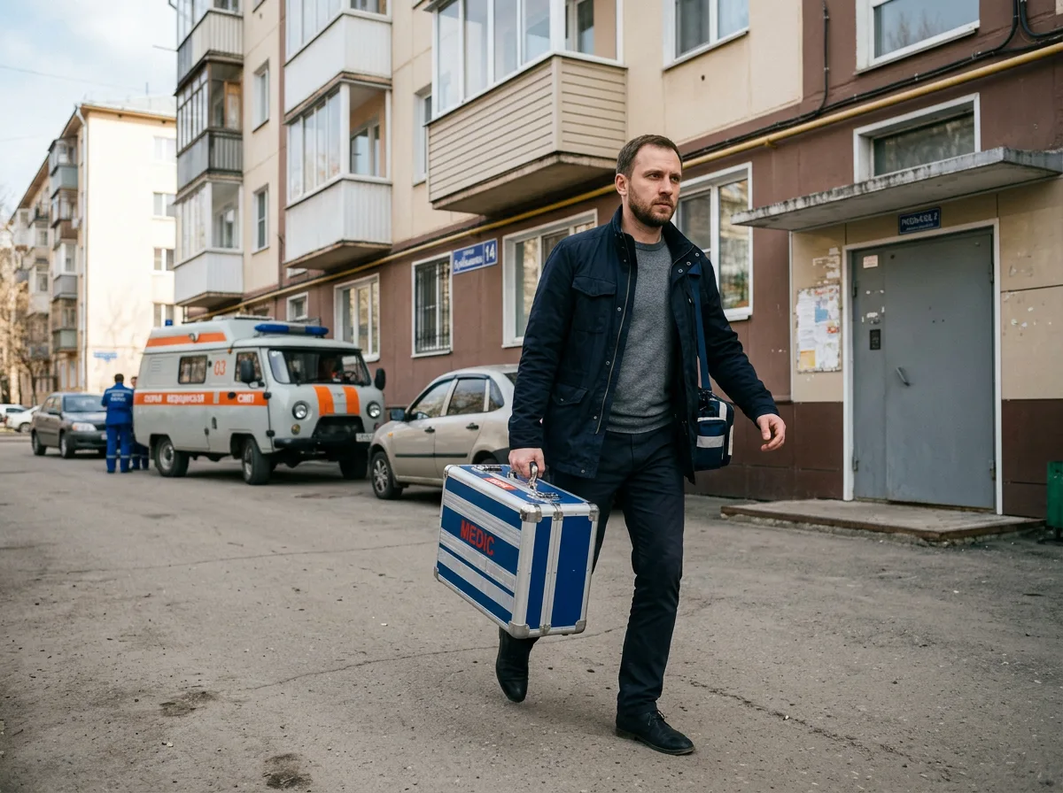 Врач нарколог в гражданской одежде идёт к пациенту с медицинским чемоданом, жилой дом Самары на заднем плане, дневное время, атмосфера срочной профессиональной помощи